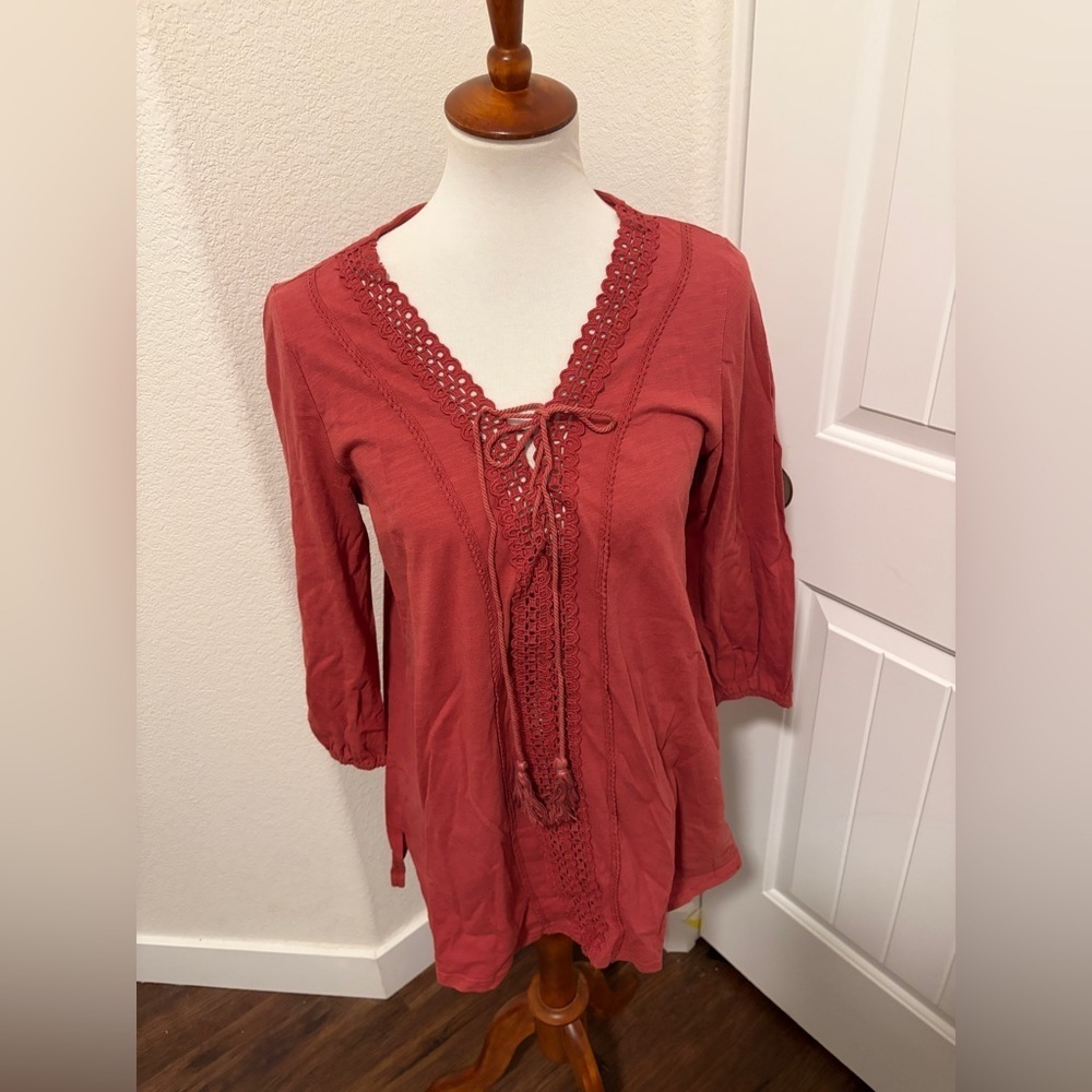 Suzanne Betro Brick Red Lace-Up Blouse